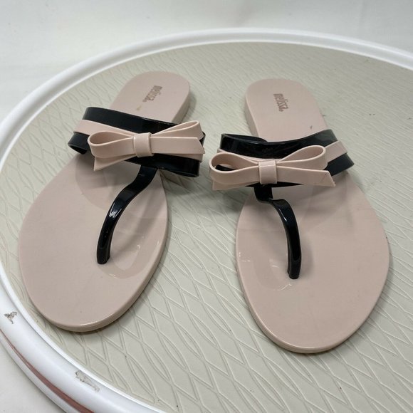 Melissa Shoes Jelly Sandals Flip Flops 10 Bow Vegan Plastic Pink Black Brazil - Picture 2 of 12